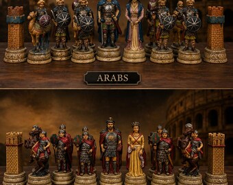 Arabs vs Gladiators Handpainted Chess Set – Genuine Leather Board – Historical Collector Chess – Roman Empire – Certificate of Authenticity