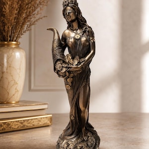 May include: A bronze-toned statue of a blindfolded figure wearing a crown and a draped gown. The figure holds a large cornucopia overflowing with gold-colored coins, with additional coins scattered around the base of the statue on the ground.