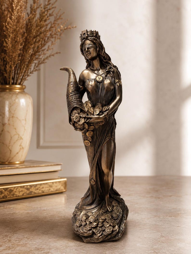May include: A bronze-toned statue of a blindfolded figure wearing a crown and a draped gown. The figure holds a large cornucopia overflowing with gold-colored coins, with additional coins scattered around the base of the statue on the ground.