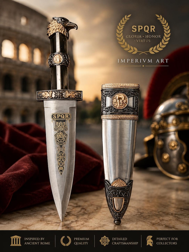 Peut inclure: Image d'un poignard et d'un fourreau romains. Le poignard pr&eacute;sente une poign&eacute;e en forme de t&ecirc;te d'aigle dor&eacute;e et l'inscription "SPQR" sur la lame. Le fourreau est argent&eacute; avec des d&eacute;tails dor&eacute;s et un embl&egrave;me d'&eacute;l&eacute;phant. Le texte "IMPERIVM ART" est &eacute;galement visible.