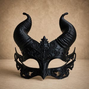 May include: A matte black masquerade mask featuring two large, curved, ribbed horns extending upwards from the top. The mask has intricate, raised scrollwork patterns across the forehead and eye areas, with pointed, wing-like side extensions.