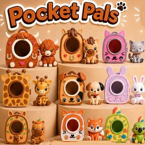 Könnte beinhalten: Eine Sammlung von Pocket Pals Tierfiguren mit passenden runden Etuis. Das Set enthält ein Hochlandrind, Pferd, Katze, Giraffe, Hund, Kaninchen, Wasserschwein, Fuchs und Papagei, jeweils mit einem thematisch gestalteten Gehäuse mit Aussparungen.