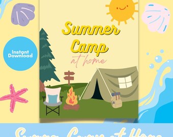Kit de campamento de verano en casa / 8 temas y actividades semanales / Planificador infantil imprimible y páginas para colorear / Descarga instantánea / Diversión de verano para niños