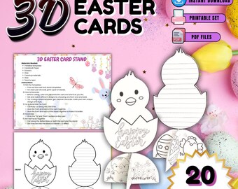 Tarjetas de Pascua 3D para imprimir - 20 páginas para colorear, manualidades infantiles, tarjetas de Pascua DIY, descarga instantánea en PDF, actividad de primavera, diseños adorables
