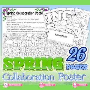Könnte beinhalten: Ein Set von 26-seitigen Frühlings-Kollaborationspostern. Das Set enthält eine nummerierte Anleitung und Anweisungen für Schüler zum Ausmalen und Zusammenfügen des Posters. Das Design zeigt Frühlingsmotive. Der Text lautet "Spring Collaboration Poster."