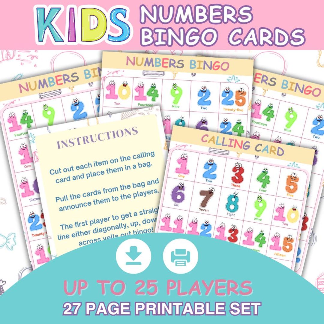 Kids Numbers Bingo Cards | 27 Pages | Printable Game | up to 25 Players