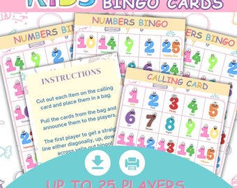 Schede del bingo dei numeri per bambini / 27 pagine / Gioco stampabile / Fino a 25 giocatori / Attività educativa