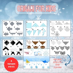 May include: A guide for origami for kids, featuring step-by-step instructions for creating paper figures. The image includes diagrams for six origami pieces, with the text "Origami for Kids" and "Detailed Step-by-Step Process". The color scheme is blue and white.