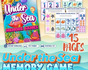 Gioco di memoria a tema marino per bambini / Attività prescolare a tema oceano / Pagine di apprendimento per imparare a contare l'alfabeto abbinando immagini e ombre