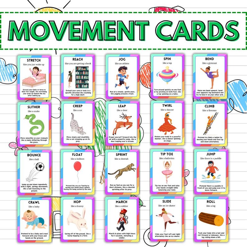 Pu&ograve; includere: Un set di "CARTE MOVIMENTO" colorate con varie illustrazioni di azioni. Ogni carta presenta un movimento diverso, come "Allungare", "Raggiungere" e "Fare jogging", con immagini e istruzioni corrispondenti. Le carte sono per attivit&agrave; educative o ludiche.