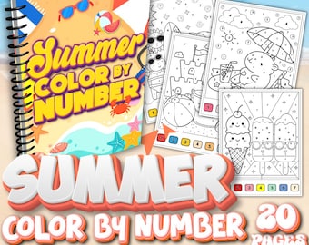 Dibujos para colorear por números de verano para niños / Divertidas actividades con temática playera para campamentos de verano, centros de aprendizaje, viajes y educación en casa.