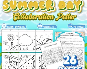 Póster para colorear de verano para niños, actividad en el aula, proyecto artístico grupal de fin de año, decoración de tablón de anuncios con temática playera, dulce verano.