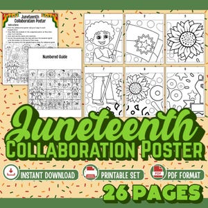 Puede incluir: Un conjunto de carteles de colaboración del Juneteenth con 26 páginas, con ilustraciones en blanco y negro para colorear. Incluye una guía numerada y las palabras "Juneteenth Collaboration Poster", "Instant Download" y "Printable Set".