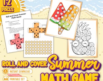 Juego de matemáticas de verano para niños: actividad de tirar y cubrir dados / Centros de actividades divertidas para el aula en verano / Juego de matemáticas imprimible para preescolar y jardín de infancia