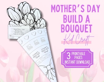 Manualidad para niños: Crea un ramo de flores para el Día de la Madre, Regalo para mamá, Manualidad imprimible para el Día de la Madre, Actividad para niños para el Día de la Madre, Manualidad para colorear para el Día de la Madre