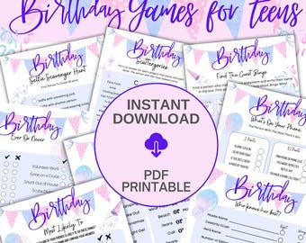 Teen Birthday Games, Printable Party Fun, 8 Activities for Teens, Party Games, Birthday activity fun, Games for teens