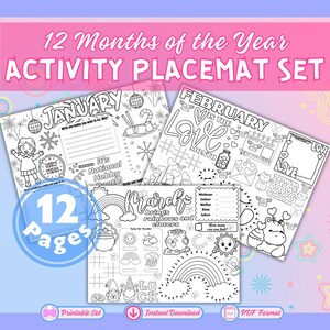 Könnte beinhalten: Ein Set mit 12 Aktivitäts-Tischsets für jeden Monat des Jahres. Die schwarz-weißen Tischsets zeigen verschiedene thematische Illustrationen und Aktivitäten. Der Text auf den Tischsets enthält die Monate des Jahres und Sätze wie "Nationales Hobby-Monat!" und "Liebesmonat".