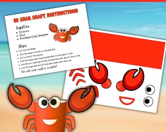 Crea un cangrejo 3D: manualidad para niños (proyecto de arte de verano) / Actividad de manualidades con papel para preescolares con temática oceánica / Diversión playera fácil de recortar y pegar para el aula