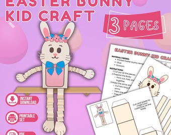 Marioneta de Conejito de Pascua - Juguete de papel imprimible, extremidades móviles, actividad infantil, manualidad de primavera, descarga instantánea en PDF