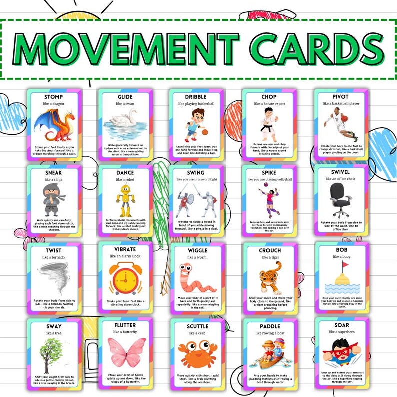 Pu&ograve; includere: Un set di "CARTE MOVIMENTO" colorate con illustrazioni di varie azioni. Ogni carta presenta un'azione diversa, come "STOMP come un drago" o "SWING come se fossi in un combattimento con la spada", con descrizioni testuali. Progettato per uso educativo o ricreativo.