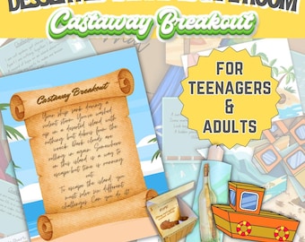 Gioco di fuga dalla stanza del naufrago per adolescenti e adulti / Divertente gioco di sopravvivenza sull'isola stampabile / Sfida di avventura con 6 puzzle per la serata di giochi