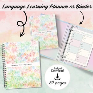 May include: A language learning planner and binder set featuring a colourful speckled pattern in shades of pink, blue, green, and yellow. The planner includes a white horizontal band with the text Language Learning Planner and a vocabulary worksheet page.