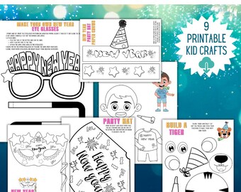 Paquete de manualidades de Año Nuevo para niños / Coronas, máscaras, sombreros de fiesta y actividades para colorear e imprimir, ideales para divertidas celebraciones familiares de Año Nuevo.