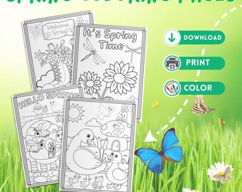 Dibujos de primavera para colorear para niños / 10 láminas imprimibles / Actividad de primavera / Descarga instantánea en PDF / Animales y flores de primavera / Dibujos para colorear infantiles