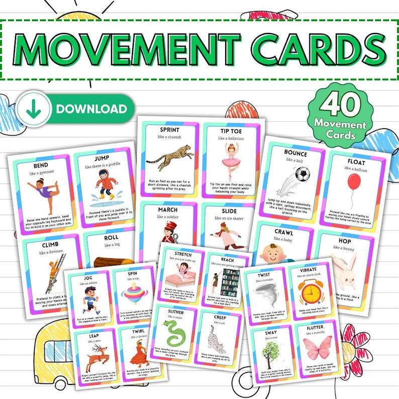 Pu&ograve; includere: Un set di 40 "Carte di Movimento" con illustrazioni di azioni come "Sprint", "Jump" e "Bend". Le carte presentano design colorati e istruzioni per promuovere l'attivit&agrave; fisica. Le parole "Movement Cards" e "Download" sono visibili.