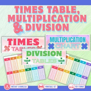May include: A set of educational charts featuring Times Table, Multiplication & Division. The design includes pink, blue, and green text on a light background. The charts display multiplication and division tables from 1 to 12 in a grid format.
