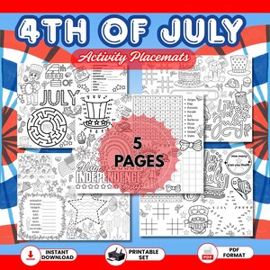 Manteles individuales imprimibles con actividades para niños del 4 de julio, juegos para colorear patrióticos, sopa de letras, laberintos, descarga instantánea en PDF, 5 páginas de diversión + clave de respuestas.