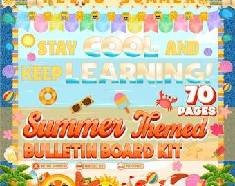 Kit de tablón de anuncios de verano para profesores, decoración "Hola verano", pancarta "Mantente fresco y sigue aprendiendo", decoración de aula con temática playera.