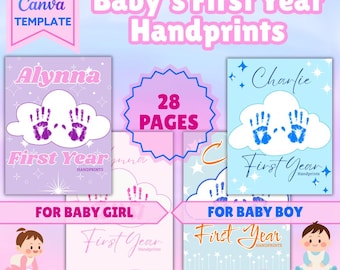 Póster editable de huella de mano del primer año del bebé / Recuerdo mensual / Plantilla Canva de 28 páginas / Regalo para baby shower / Arte imprimible para el recuerdo