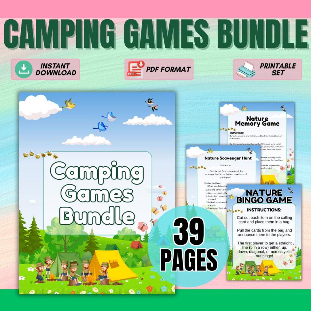 Camping Games Bundle for Kids, Nature Scavenger Hunt, Charades, Memory ...