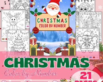 Dibujos navideños para colorear por números para niños, divertida actividad navideña para colorear, láminas imprimibles para colorear de renos, Papá Noel, muñeco de nieve y elfos