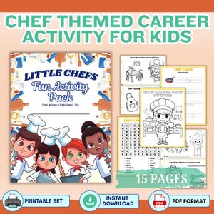 May include: A colorful printable activity pack for kids with a chef theme. The cover features cartoon chefs and the text "Little Chefs Fun Activity Pack." Inside are 15 pages of activities, including word searches and coloring pages. The image also includes the text "Printable Set" and "Instant Download."