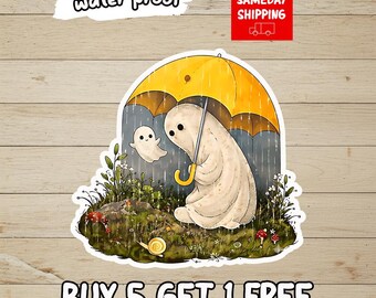 Cozy Rainy Day Ghost Sticker, Fall Ghost Decal, Autumn Halloween Aesthetic, Waterproof Vinyl Sticker