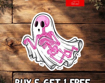 Pink Skeleton Ghost Sticker, X Ray Ghost Sticker, Cute Halloween Decal, Coquette Ghost Sticker, Pastel Goth Vinyl Sticker