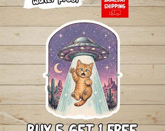 Kitty Abduction Sticker, UFO Cat Vinyl Decal, Funny Alien Cat Sticker, Holographic Waterproof Laptop Sticker