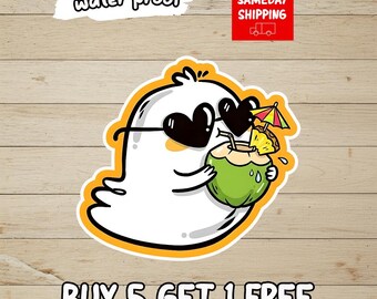 Summerween Ghost Sticker, Ghost Drinking Coconut Sticker, Tropical Halloween Decal, Beach Ghost Sticker, Cute Summer Ghost Gift