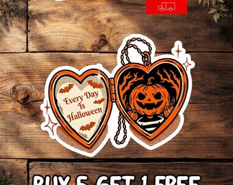 Every Day Is Halloween Sticker, Halloween Heart Locket Sticker, Gothic Pumpkin Decal, Vintage Spooky Sticker, Witchy Gift