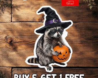 Raccoon Holding Pumpkin Sticker, Cute Halloween Raccoon Decal, Spooky Season Animal Sticker, Fall Aesthetic Gift, Waterproof Vinyl