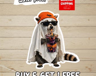 Ghost Raccoon Halloween Sticker, Cute Trash Panda Ghost Decal, Spooky Season Animal Sticker, Fall Aesthetic Gift, Waterproof Vinyl