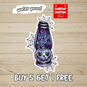 May include: A sticker featuring a purple lava lamp with two ghosts inside, resting on a faceted, iridescent pumpkin base. The design is surrounded by black spider web illustrations. The sticker includes text that reads water proof.