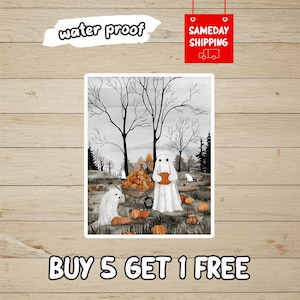 May include: A rectangular sticker featuring a grayscale illustration of a forest scene with bare trees and grass. Two white ghost figures are present, one pushing a metal wheelbarrow filled with orange pumpkins, while another holds a pumpkin.