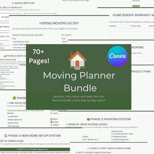 Puede incluir: Un paquete de planificador de mudanzas digital con más de 70 páginas de listas de verificación y guías. El gráfico central verde oscuro muestra el texto Moving Planner Bundle, 70+ Pages! y Declutter, Pack, Move, and Settle Into Your New Home.
