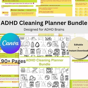 以下が含まれることがあります： 90ページ以上の整理用テンプレートを含むADHDクリーニングプランナーバンドル。表紙には掃除用品や家電の白黒の線画アイコンが描かれており、緑色でADHD Cleaning Planner Bundleというテキストが記載されています。