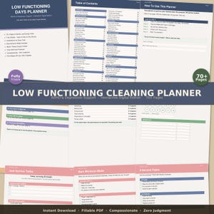 Può includere: Un pianificatore digitale intitolato "Low Functioning Cleaning Planner" con sezioni per attività quotidiane, un sommario e istruzioni. Il pianificatore è progettato per il supporto di ADHD e depressione ed è completamente compilabile.