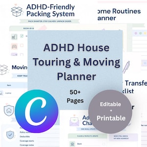 May include: An ADHD House Touring & Moving Planner with over 50 pages. The document includes sections for Inspection Questions, a Red Flag Checklist, an ADHD-Friendly Packing System, and a Home Routines Planner. It is editable and printable.
