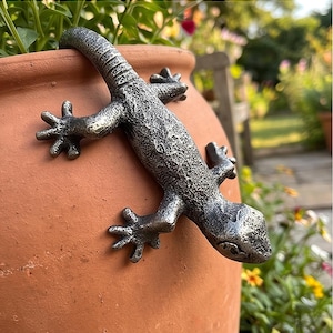 May include: A metallic silver-colored lizard figurine with a textured surface, designed to hook onto the rim of a terracotta-colored plant pot. The lizard has four splayed feet and a long, curved tail that grips the edge of the container.